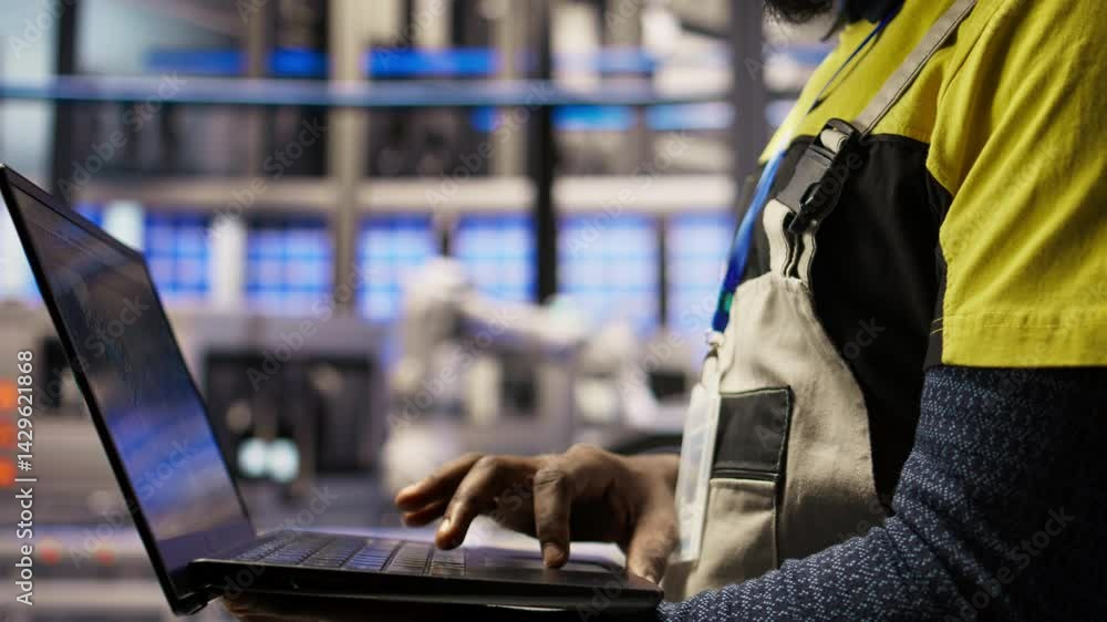 Poster engineer in smart factory oversees robotic assembly lines using laptop software, ensuring quality co