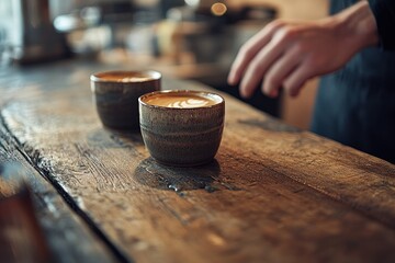 A warm, inviting atmosphere as two coffee cups rest on a rustic wooden table, a barista&acirc;&euro;&trade;s hands gently setting them down.