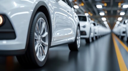 White cars on assembly line, close-up on wheel, modern factory setting.