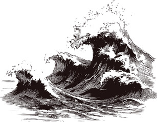 Detailed black and white sketch of powerful ocean waves, dynamic ink illustration. Vector illustration