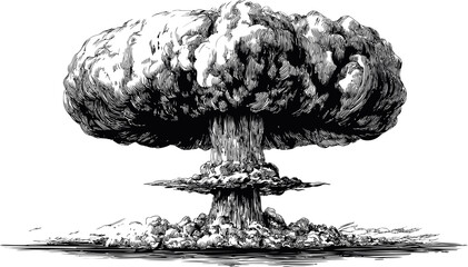 Black and white illustration of a mushroom cloud explosion with detailed shading. Vector illustration