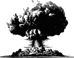 Fototapeta premium Black and white ink illustration of a mushroom cloud explosion concept art. Vector illustration