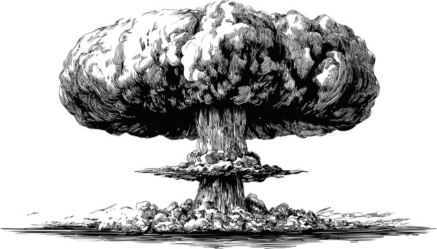 Black and white illustration of a mushroom cloud explosion with detailed shading. Vector illustration