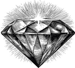 Detailed black and white illustration of a radiant diamond with shining lines. Vector illustration