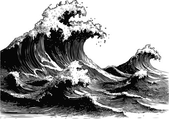 Black and white illustration of turbulent ocean waves, woodcut style. Vector illustration