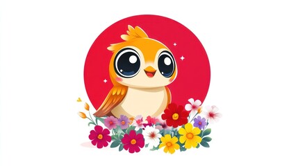 Fototapeta premium Cute orange bird sits among colorful flowers in front of red circle for kids designs