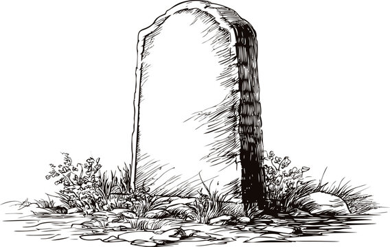 Stone tombstone surrounded by plants and rocks, black and white illustration. Vector illustration