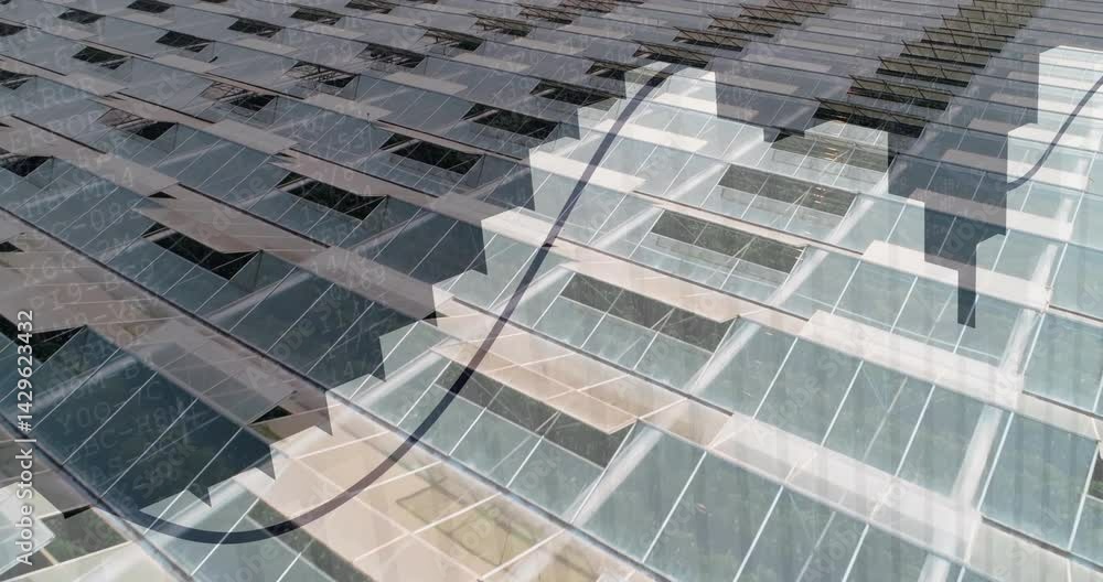 Poster solar panel array visualizing metrics on rooftop, showing rising line graph overlays in flat design