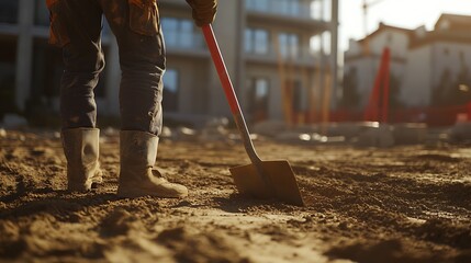 Construction Worker with Shovel on Site