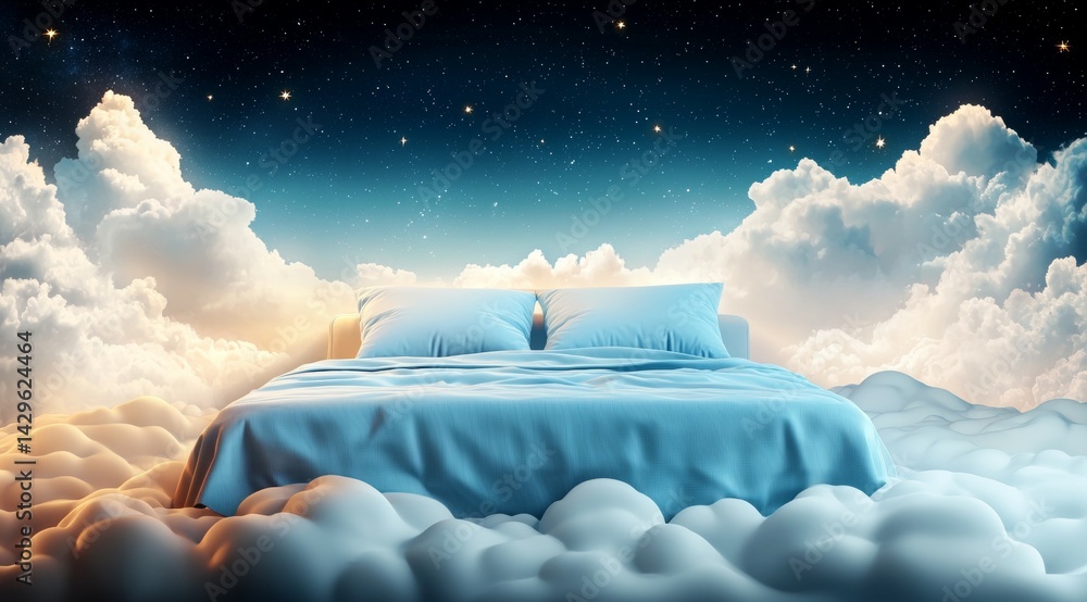 Poster Bed is floating in the clouds with pillows and a blanket