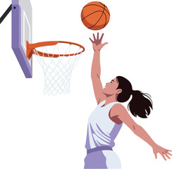 Female basketball player jumping for slam dunk vector illustration in sports action scene 
