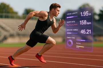 Young caucasian male sprinter on track with performance metrics displayed