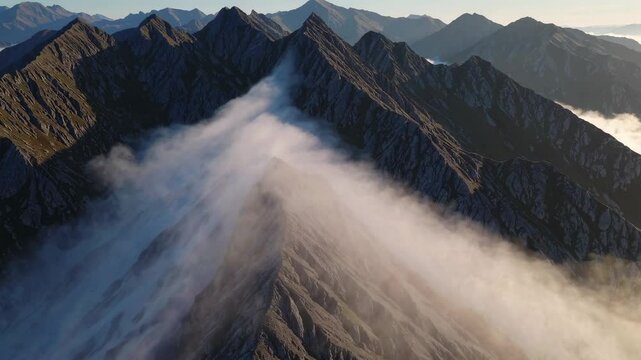 Majestic mountain ridge with rolling clouds under a vibrant sunrise