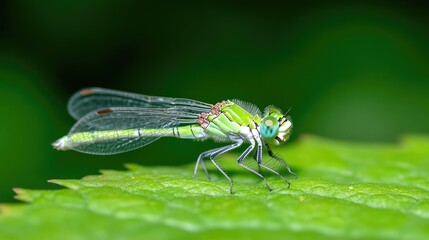 Close-up of a small, vibrant green dragonfly on a leaf.  Detailed view of its delicate wings, body segments, and multifaceted eyes.  The insect is perched on a lush green leaf