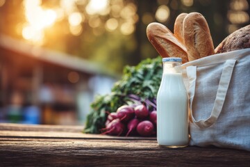 Milk, Bread, and Beets on Wooden Table