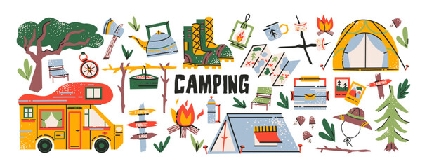Camping and nature retreat compositions in retro cartoon style. Tents, campfire, backpacks, sleeping bags, hiking boots, nature elements - fun outdoor adventure scenes in trendy retro sticker style