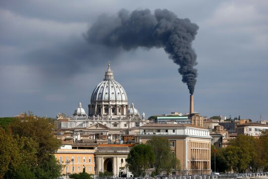 Black smoke rises over st. peters basilica signifying papal conclave in vatican city
