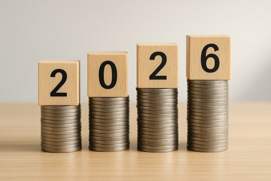 Stacked coins with 2026 blocks on wooden table representing future financial growth