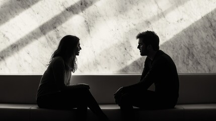 A grayscale image depicting a man and a woman in silhouette, engaged in a serious conversation, seated on a couch against a marbled wall.