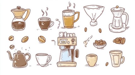 Coffee brewing methods illustration various equipment and beans