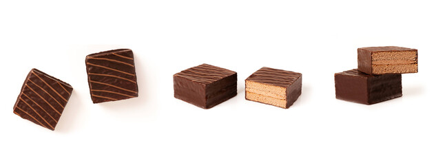 Set of chocolate bar and layer cake  isolated on white background