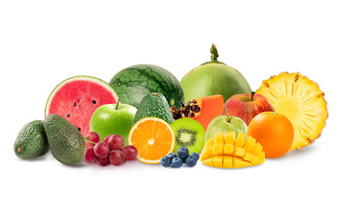 Collection of different fruits isolated on white background.