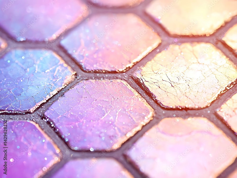 Poster iridescent hexagon mesh texture with fluid geometry
