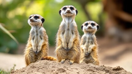 Three meerkats standing alert on a mound of sand, looking directly at the camera.