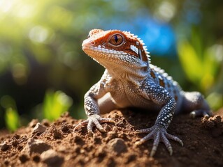 Obraz premium Nature’s Explorer: Leopard Gecko in a Lush Landscape
