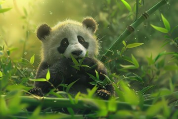 Fototapeta premium Cute panda cub enjoying bamboo in a lush green forest during a sunny afternoon in a natural habitat, showcasing its playful nature and gentle demeanor