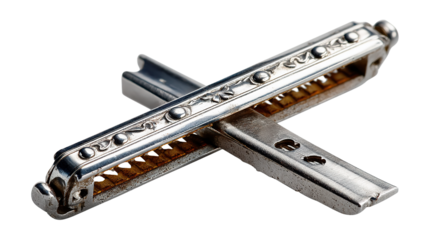 Isolated on white, the old wooden and metal flutes alongside a metal pipe suggest a collection of vintage sound instruments or perhaps discarded equipment