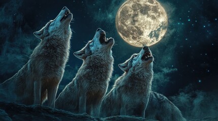 Obraz premium Three wolves howling at the full moon at night.