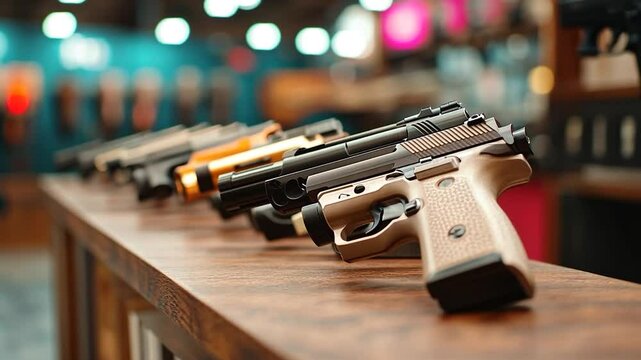Close Up View Of Various Firearms on Wooden Counter Displayed at Store with Selective Focus