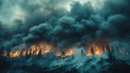 Fototapeta premium A closeup of smoke rising from wildfires in the distance, Natural Disaster, Worrying and dramatic