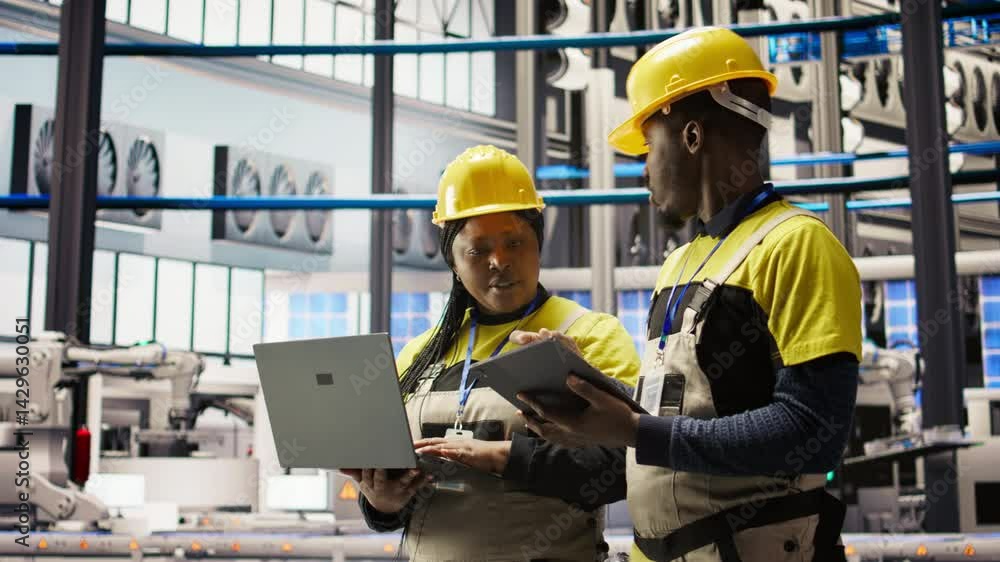 Poster solar panels factory engineering team analyzes performance data on laptop to predict gear failures. 