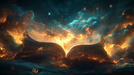 Mystical Book Under Starry Sky, An open book emits glowing light, surrounded by a mystical sky with clouds and stars