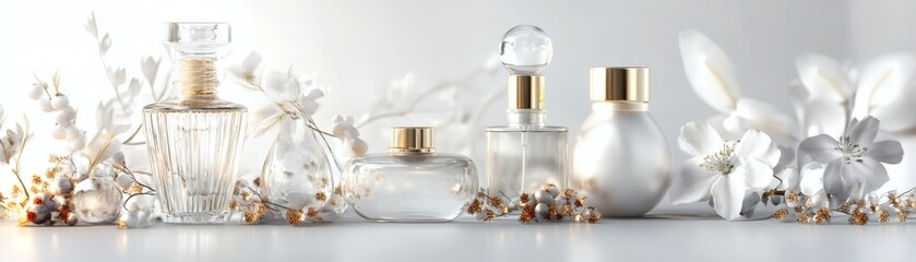 A collection of glass perfume bottles with delicate flowers in front of a white background, ideal for product marketing and promotion, and representing fragrance and femininity