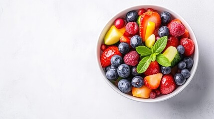 A colorful assortment of fresh mixed berries in a white bowl, vibrant fruits including strawberries, blueberries, and raspberries, and close-up shot on a light background.