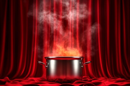 Steaming pot on red stage