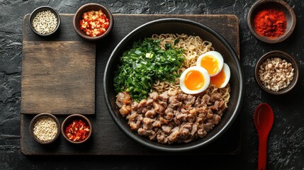Bowl of noodles with egg meat and vegetables on a wooden board.