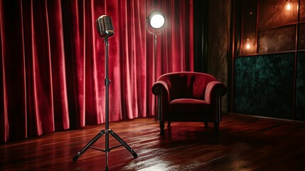 Red velvet stage backdrop with microphone and armchair.