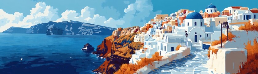 Obraz premium A picturesque coastal village with white buildings and blue domes sits on a cliffside. The calm turquoise water of the sea stretches out to the horizon under a bright blue sky