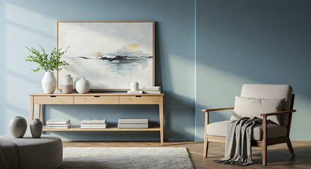 A serene interior featuring a console table, a framed abstract art piece, a comfy chair with a throw, and complementary decor.