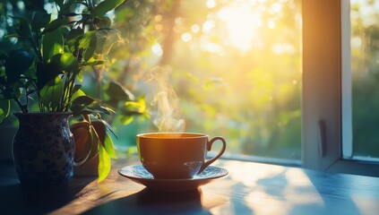 Warm morning coffee by window, sunlight and plants