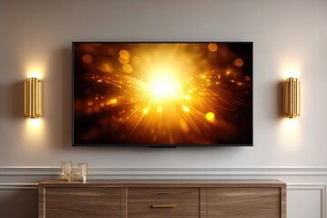 Modern living room scene featuring a television with dynamic golden light display.