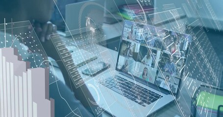 Remote team discussing finance data on laptop desk, showing floating charts and currency tables - Powered by Adobe