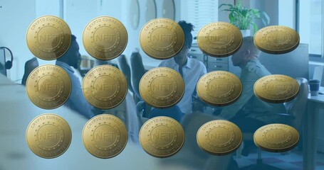 colleagues discussing NFT cryptocurrency in conference room, overlay showing golden coin grid - Powered by Adobe