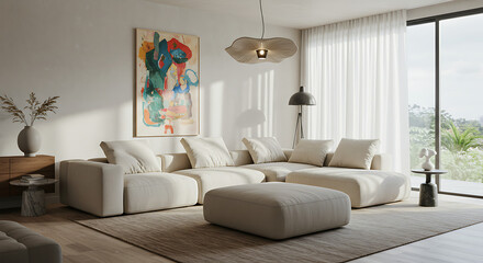 Bright, open-plan living space features a modular sofa, abstract art, and natural light. Comfortable and stylish home design.