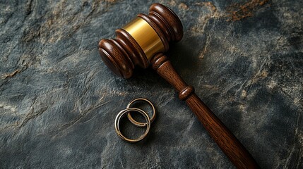 Judicial process of marital dissolution, symbolized by a gavel and wedding rings.