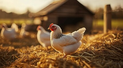 White hens foraging in golden hay amongst rustic farm buildings.